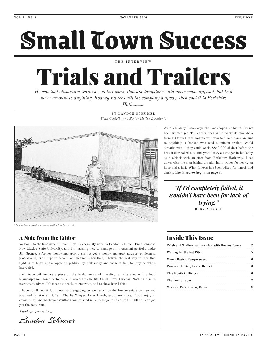 Front page of Small Town Success, Issue One, with the interview Trials and Trailers